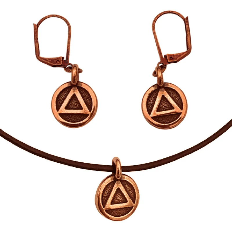 gorgeous dangly earrings -DragonWeave Recovery Triangle Circle Charm Necklace and Earring Set, Antique Copper Brown Leather Choker and Leverback Earrings