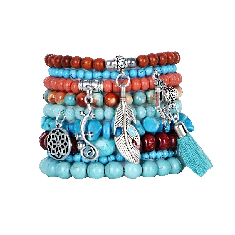 Beaded Bracelets Set of 9 Stretch Bracelets Bohemian Southwestern Themed