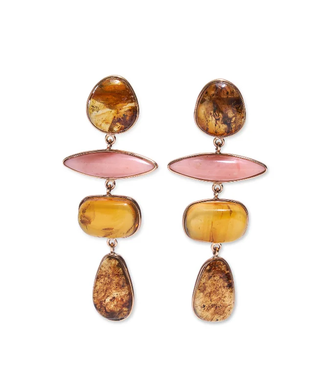 fashion earrings for women -14k Gold Amber & Pink Opal Column Earrings