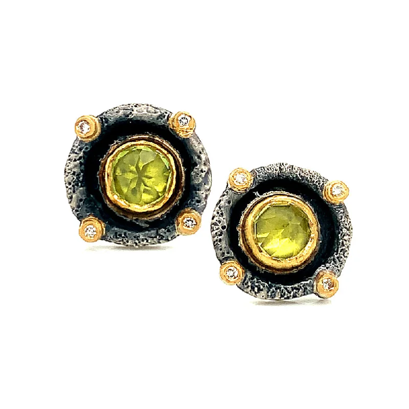 gemstone earrings for women -Peridot & Diamond Stud Earrings - "Romanesque"