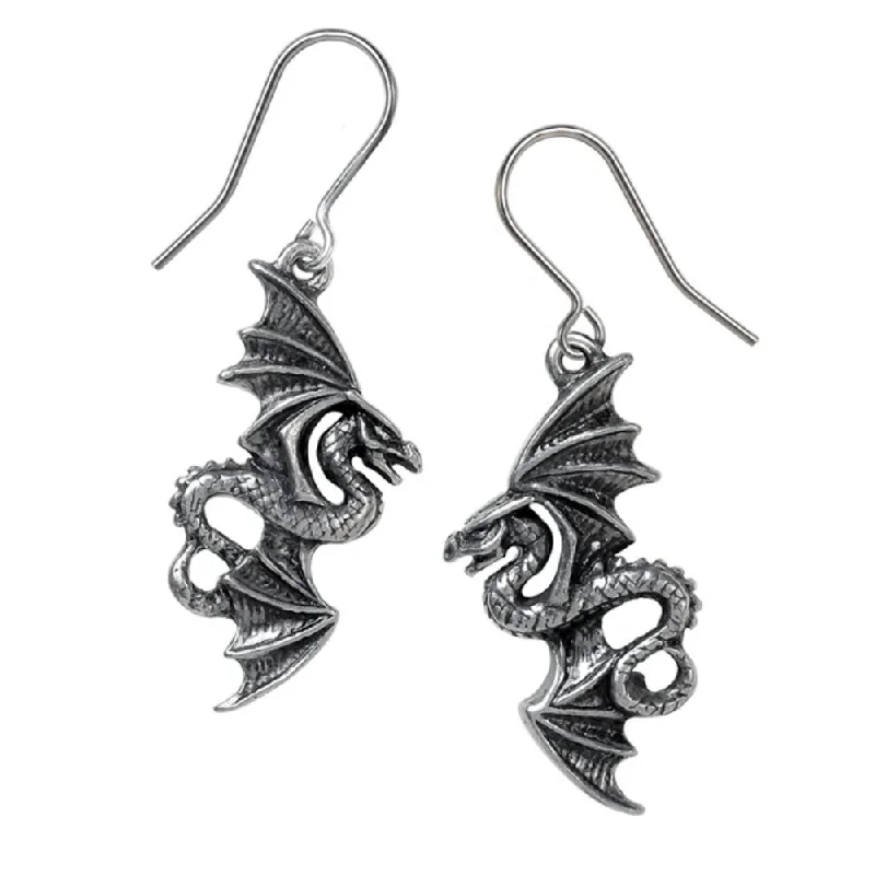 elegant gold drop earrings -Flight of Airus Droppers Dragon Earrings by Alchemy Gothic