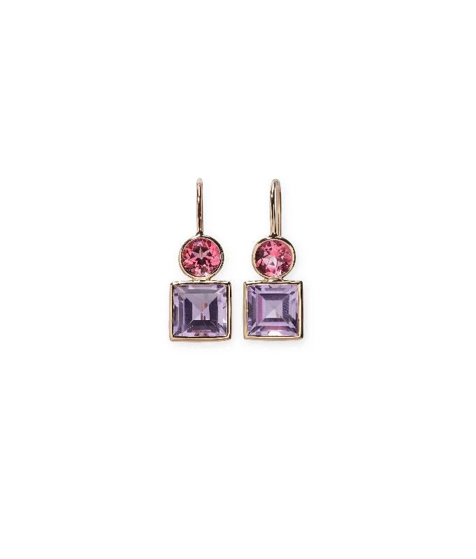 colorful gemstone earrings -14k Gold Pastille Earrings in Pink Topaz and Amethyst