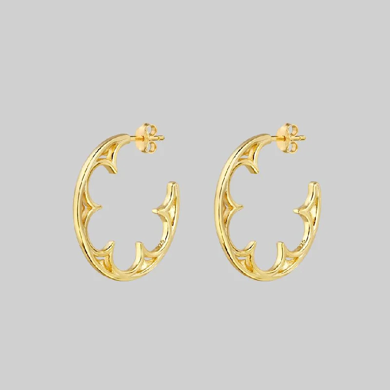 elegant gold drop earrings -ATONE. Gothic Window Hoop Earrings - Gold