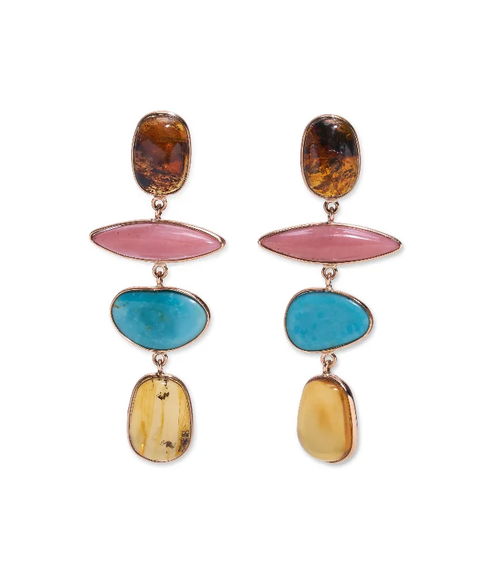 rose gold earrings for women -14k Gold Amber, Pink Opal & Turquoise Column Earrings