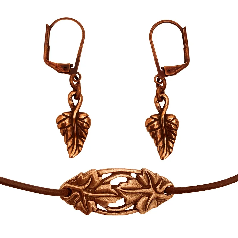 trendy drop earrings -DragonWeave Elven Ivy Charm Necklace and Earring Set, Antique Copper Brown Leather Choker and Leverback Earrings