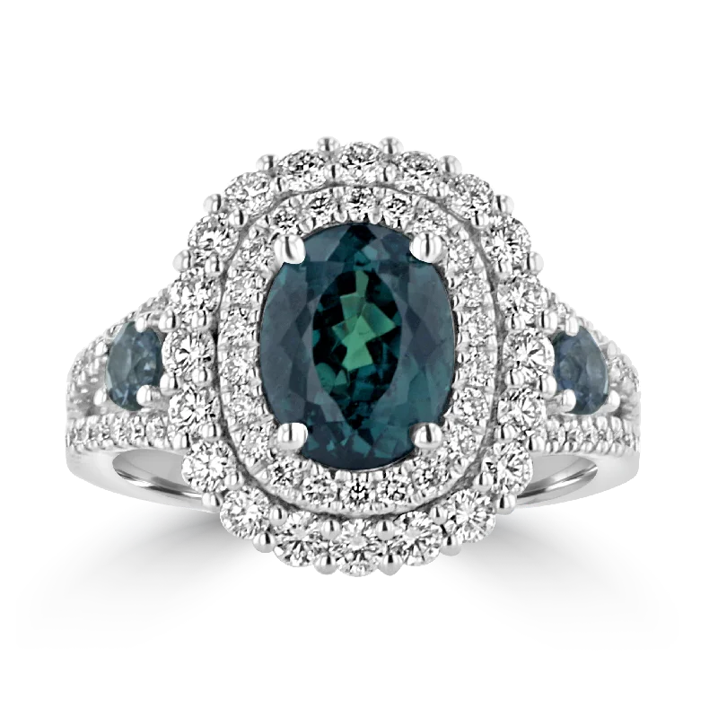 sapphire engagement rings -JULEVE 18K WHITE GOLD 2.40 CT ALEXANDRITE, COLOR CHANGING GARNET, & DIAMOND HALO RING