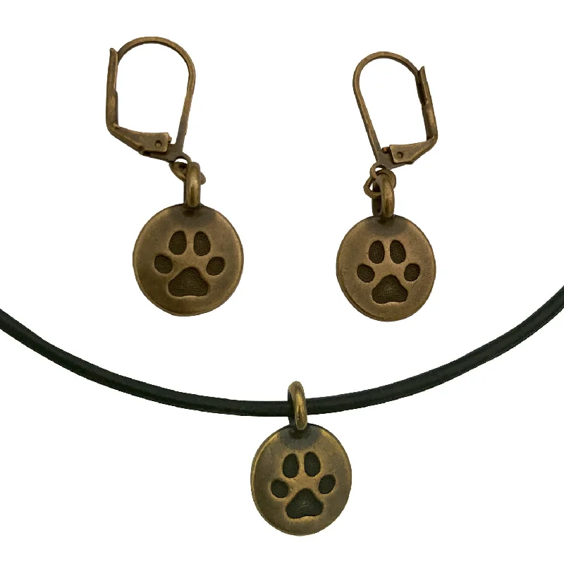 crystal drop earrings -DragonWeave Paw Circle Charm Necklace and Earring Set, Antique Brass Black Leather Choker and Leverback Earrings