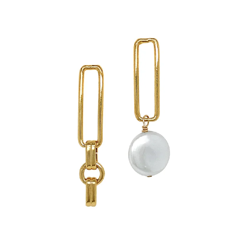 stylish statement earrings -Yellow Gold Plated Asymmetrical Paperclip and Pearl Earrings - "Hope Asymmetrical"