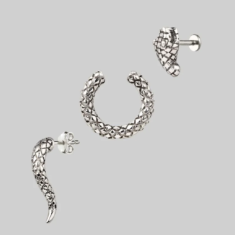 trendy stud earrings -VEGA. 3 Piece Snake Wrap Earring - Silver