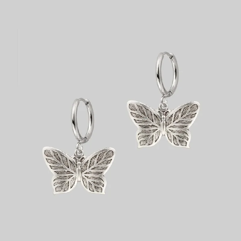 hoop earrings for casual wear -NEW DAWN. Butterfly Hoop Earrings - Silver