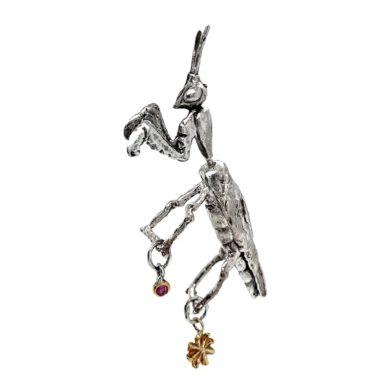 luxury ear accessories -Sterling Silver & 14K Yellow Gold Praying Mantis Earring - "Mantodea"