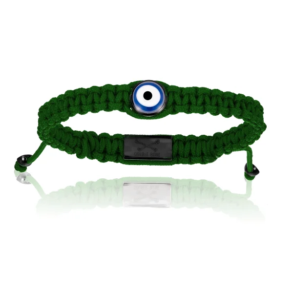 Green Military Nylon Bracelet with Black PVD Lucky Evil Eye (Unisex)