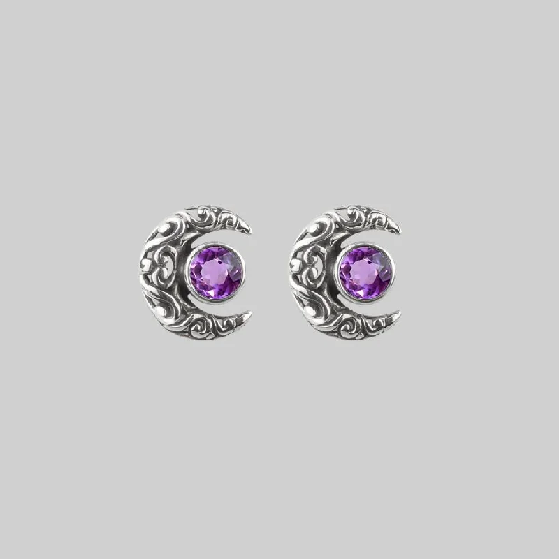 unique earrings for women -WISDOM. Silver Moon Crescent Earrings - Amethyst