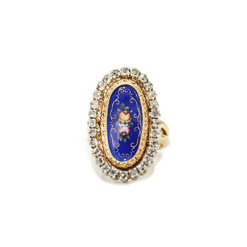 antique rings for women -Vintage Enamel Floral Diamond Ring