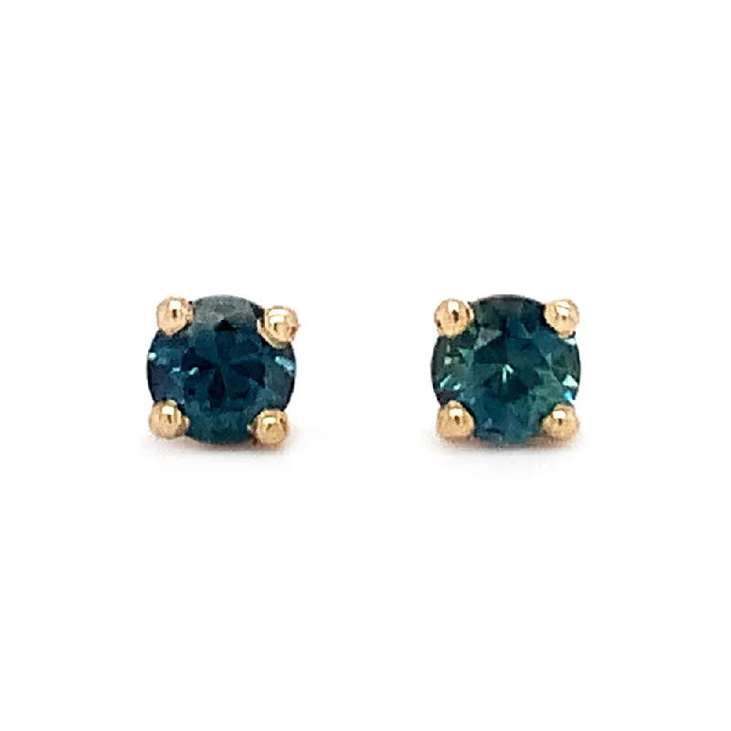 trendy drop earrings -Montana Sapphire & Yellow Gold Stud Earrings - "Glinting Teal"