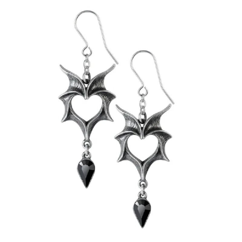 pearl earrings for women -Love Bats Crystal Heart Earrings by Alchemy Gothic