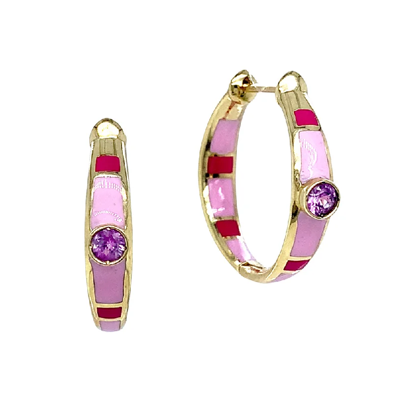 stud earrings for women -Montana Sapphire & Pink Enamel Hoops - "Rock Candy Sweetness"