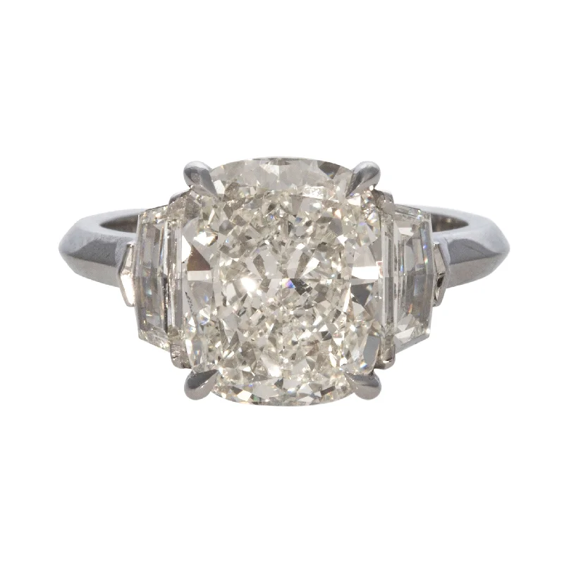 vintage engagement rings -4ct Cushion Center & .62ct Side Diamond Three-Stone Platinum Ring