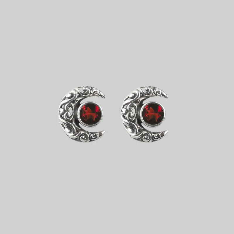 trendy drop earrings -WISDOM. Silver Moon Crescent Earrings - Garnet