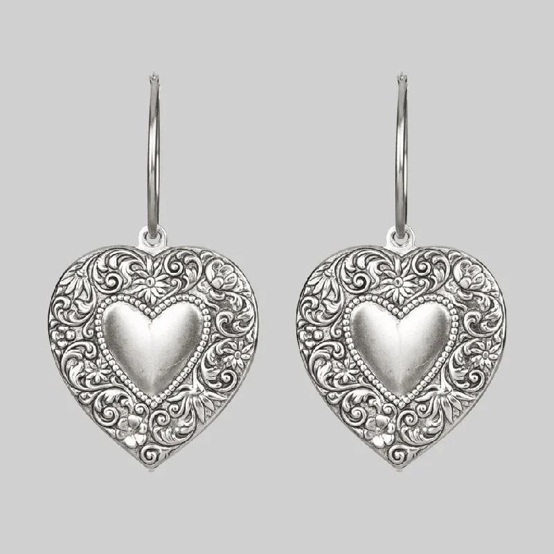 women’s dangly earrings -LOVE STRUCK. Heart Hoop Earrings - Silver