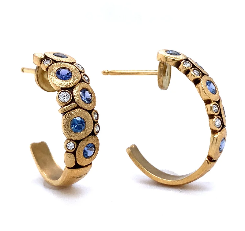 trendy drop earrings -Yogo Sapphire & Diamond Semi Hoop Earrings - "Large Candy"