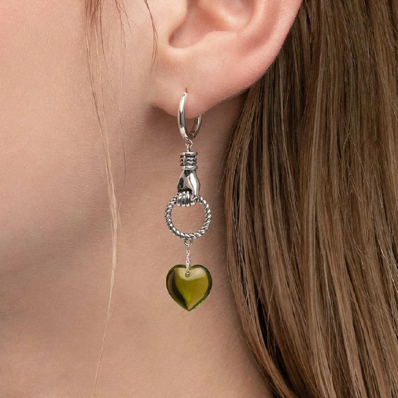 round stud earrings -UNITE. Hand Grasping Green Glass Heart Earrings - Silver