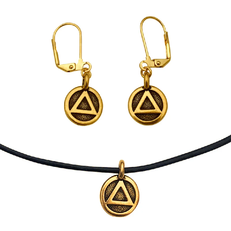 diamond earrings for women -DragonWeave Recovery Triangle Circle Charm Necklace and Earring Set, Gold Plated Black Leather Choker and Leverback Earrings