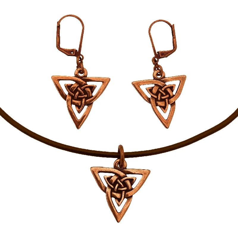 elegant diamond earrings -DragonWeave Celtic Trine Charm Necklace and Earring Set, Antique Copper Brown Leather Choker and Leverback Earrings