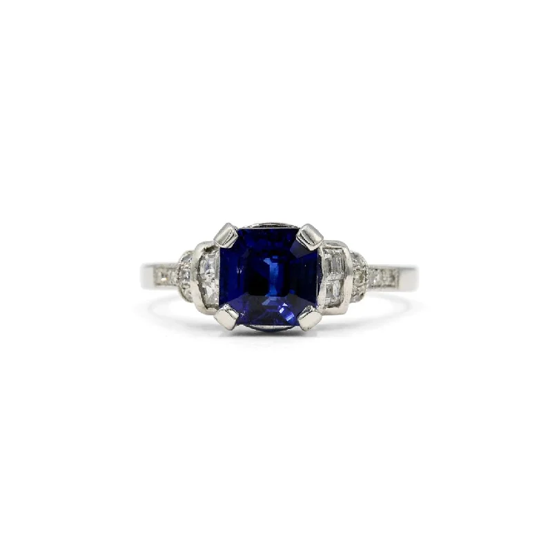 bold fashion rings -Platinum 1.82ct Asscher Cut Sapphire Vintage Ring