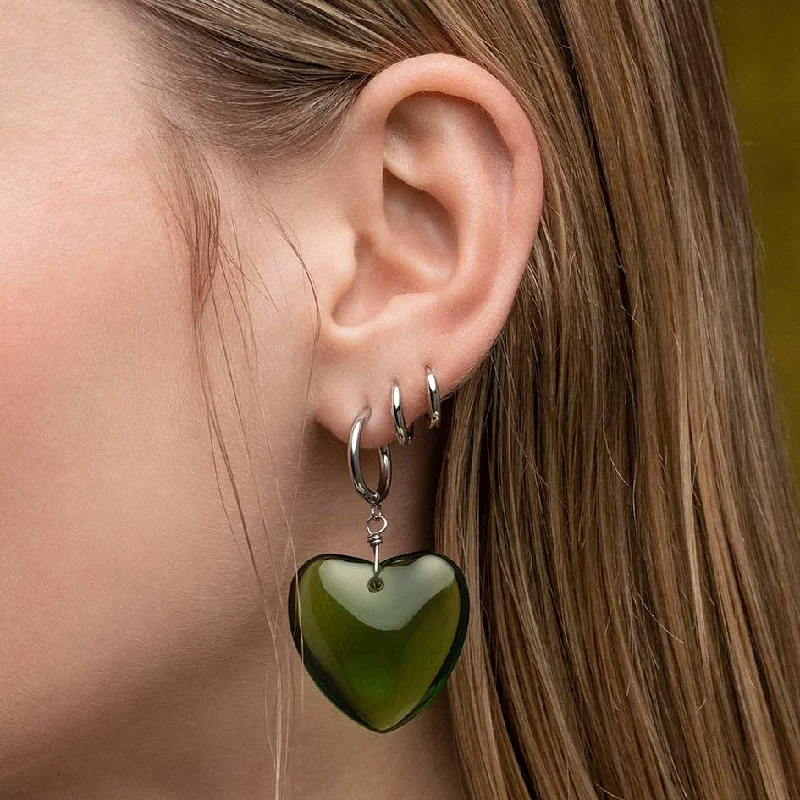 handmade earrings for women -MINNA. Large Green Glass Heart Hoop Earrings - Silver