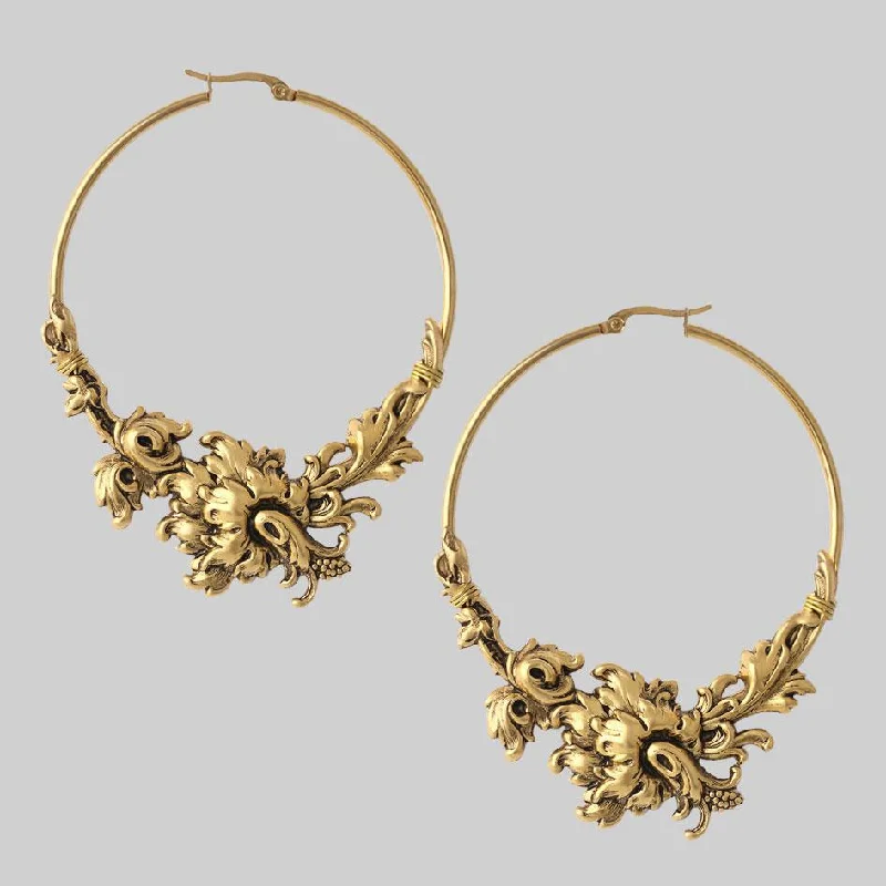 bold gemstone earrings -PARADISE. Ornate Floral Hoop Earrings - Gold