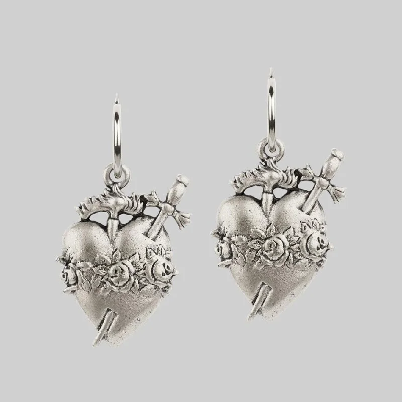 modern diamond earrings -INFERNO. Sacred Heart Hoop Earrings - Silver