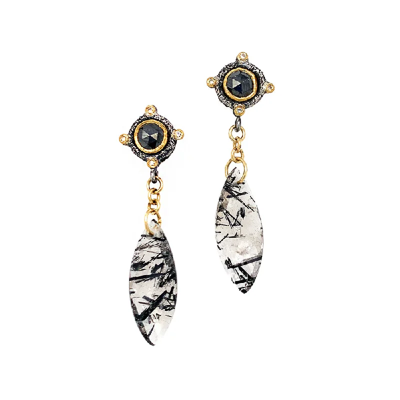 cute hoop earrings -Tourmalated Quartz & Black Diamond Earrings - "Duvessa"