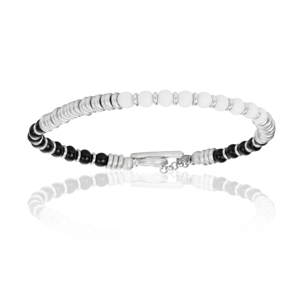 Moon Stone & Onix Stone Beaded Bracelet with White Gold [PANDA]