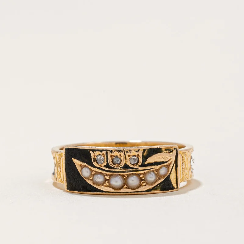 bold fashion rings -1876 Diamond & Seed Pearl Mourning Ring with Plaited Hair| 0.03ctw | SZ 6.75 |