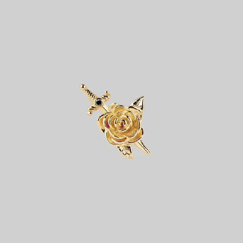 sparkling diamond stud earrings -RHAPSODY. Dagger Through Rose Stud Earring - Gold