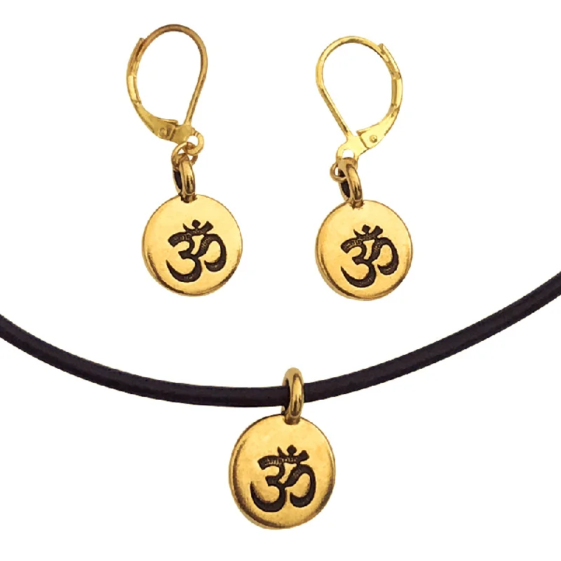 vintage-style earrings -DragonWeave Om/Ohm Symbol Circle Charm Necklace and Earring Set, Gold Plated Black Leather Choker and Leverback Earrings