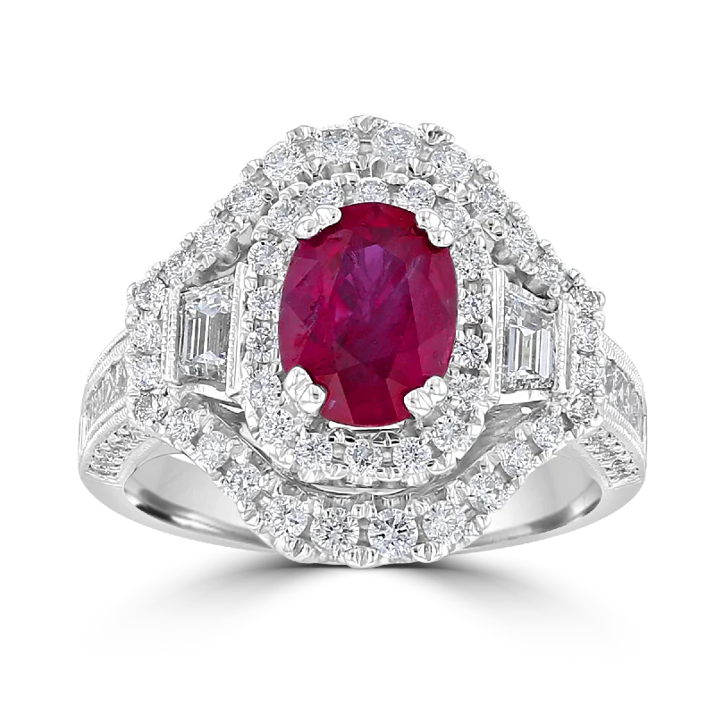 affordable diamond engagement rings -18KT GOLD 1.86 CT RUBY & 1.33 CTW DIAMOND DOUBLE HALO RING