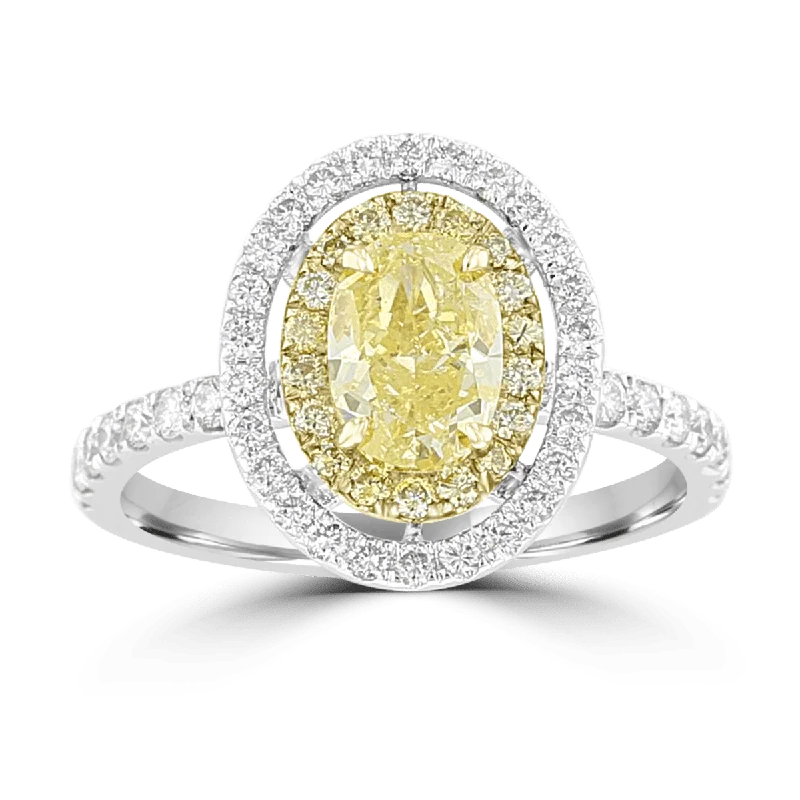 designer engagement rings -18KT WHITE GOLD 1.60 CTW YELLOW DIAMOND OVAL HALO RING