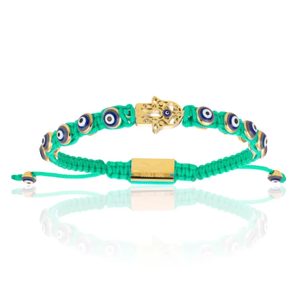 Cyan Nylon with Yellow Gold Hamsa Hand Bracelet