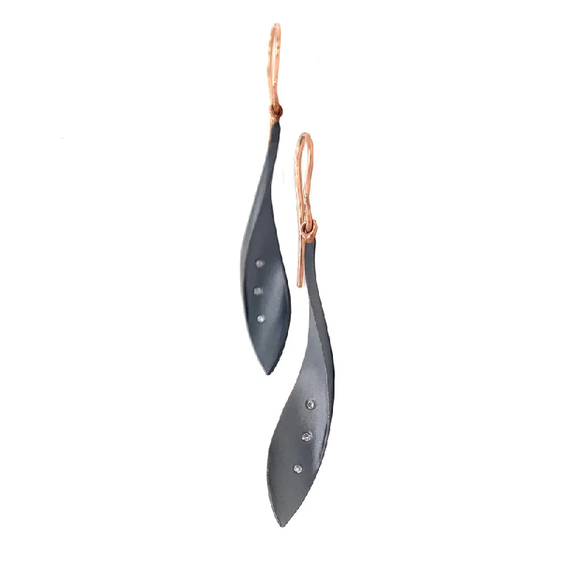 affordable hoop earrings -Blackened Silver and Rose Gold Diamond Drop Earrings - "Ribbon Pods"