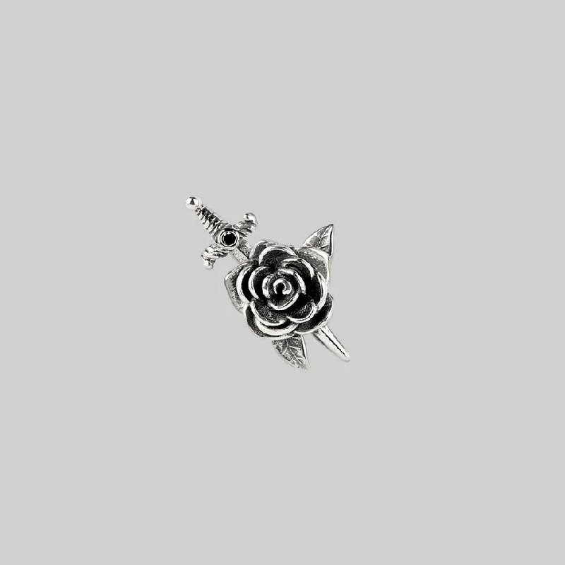 lightweight earrings for women -RHAPSODY. Dagger Through Rose Stud Earring - Silver