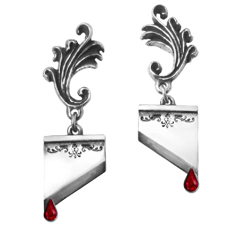 luxury earrings for women -Marie Antoinette Red Crystal Guillotine Earrings by Alchemy Gothic