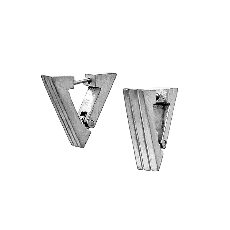 silver hoop earrings -Small Stainless Steel Huggie Earrings - "Triangle with Grooves"