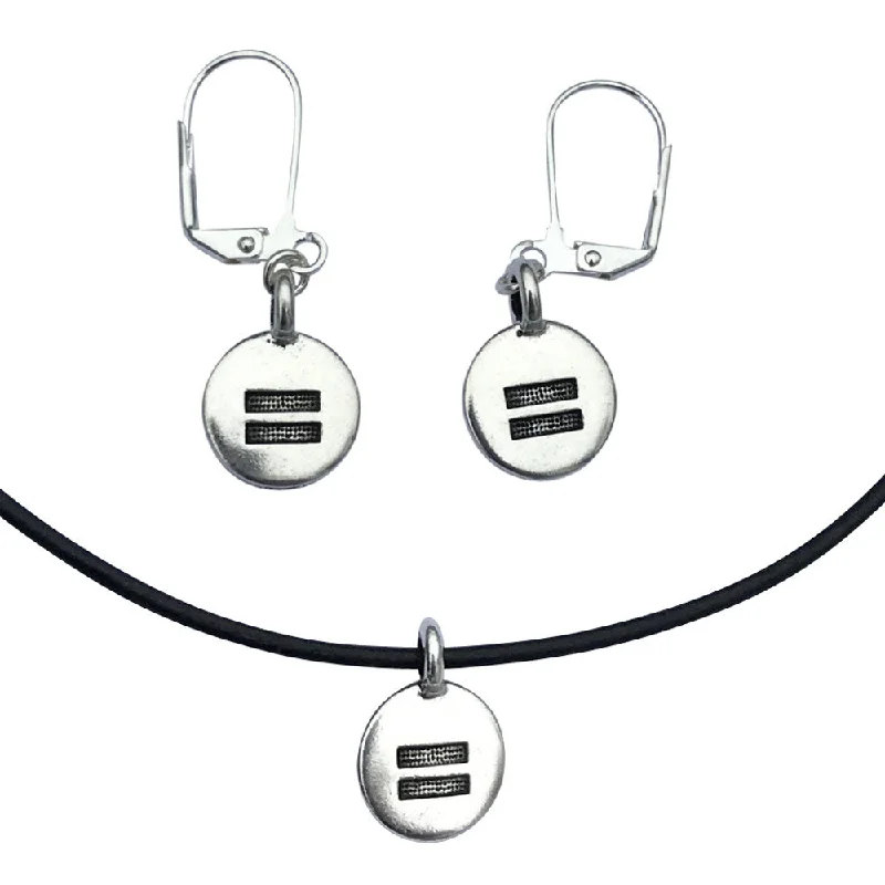 handmade earrings for women -DragonWeave Equality Circle Charm Necklace and Earring Set, Silver Plated Black Leather Choker and Leverback Earrings