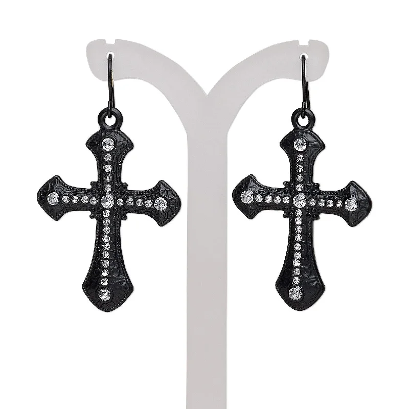 colorful gemstone earrings -Pair of Gothic Bling Crystal Black Cross Earrings with Rhinestones on Black Steel Hook Ear Wires